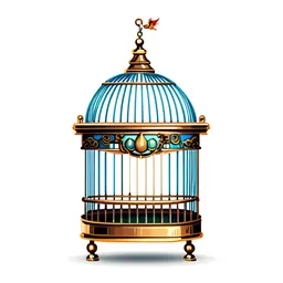 Ornate painted brass birdcage with swing perch icon on white