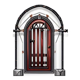 Heavy blood-stained iron-banded dungeon door icon on white