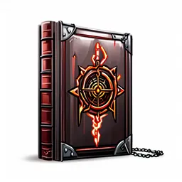 Chained crimson leather grimoire with glowing sigil icon on white