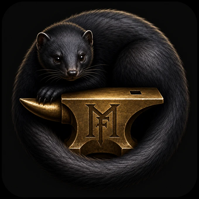 MinkForge — a black mink coiled around a gold MF anvil
