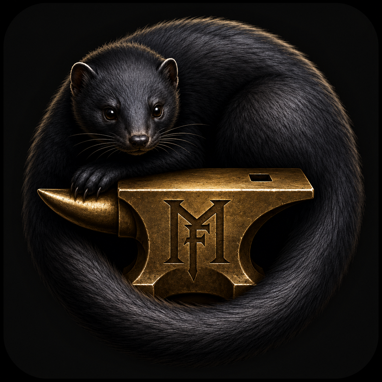 MinkForge — a black mink coiled around a gold MF anvil